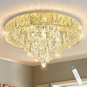 Modern Crystal Chandeliers for Dining Room LED Light Fixture Close to Ceiling Chandelier Flush Mount Ceiling Light Dimmable Lamp with Remote for Living Room Bedroom Hallway