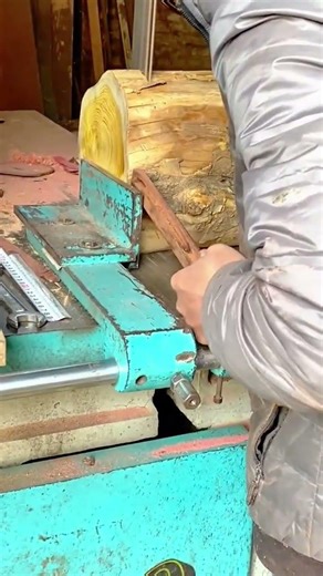 making a wooden plank by using an industrial band saw machine tool on a large wooden log in factory