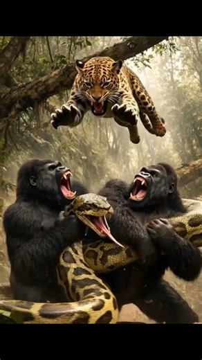 Gorillas vs Giant Python… But the Leopard Above Changes Everything! 🐍🦍🐆 #wildlife #nature #shorts