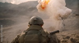 military war combat training . soldier handling bazooka prepare for firing