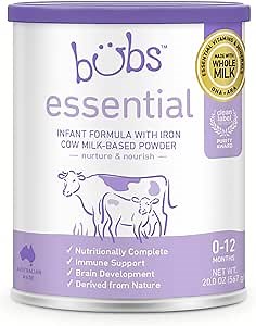 Bubs Essential Infant Formula, with Iron, Cow Milk-Based Powder, for Infants 0-12 Months, Made with Non-GMO Milk, 20 oz
