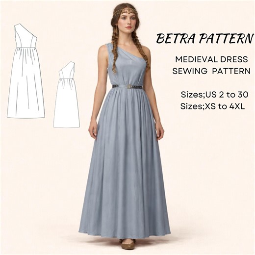 Medieval One Shoulder Dress Sewing Pattern – Ankle Lenght –PDF A0/A4 US 2-30 - Etsy
