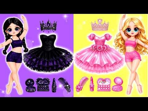 Pink Vs Black 🌈Angel Barbie vs Dark Wednesday Makeup and Dressup Fashion - DIY Crafting Dolls