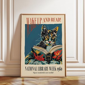 1960 National Library Week Poster: Cat Reading Book, Vintage Style - Etsy