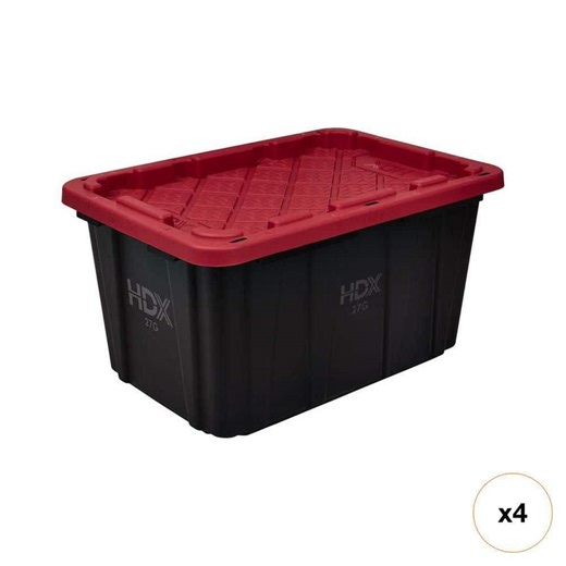 HDX 27 Gal. Tough Storage Tote in Black and Red (4-Pack) - The Home Depot
