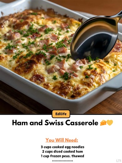Ham  and Swiss Casserole 燎 Creamy, cheesy, and loaded with savory ham and noodles—this comforting bake is perfect for busy weeknights or cozy gatherings.  Ingredients: * 3 cups cooked egg noodles * 2 cups diced cooked ham * 1 cup frozen peas, thawed 烙 | Mama's Old Recipes | Facebook