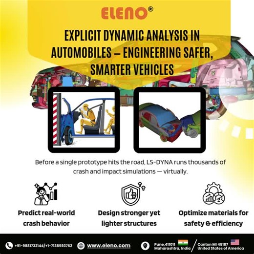 Automotive safety today relies on virtual validation, not just physical crash tests. Using Explicit Dynamic Analysis in LS-DYNA, engineers can simulate real-world crashes with high accuracy — long… | ELENO Engineering Learning Center