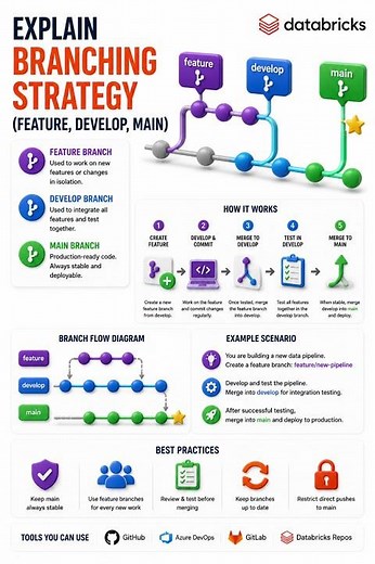 Explain branching strategy (feature, develop, main)
