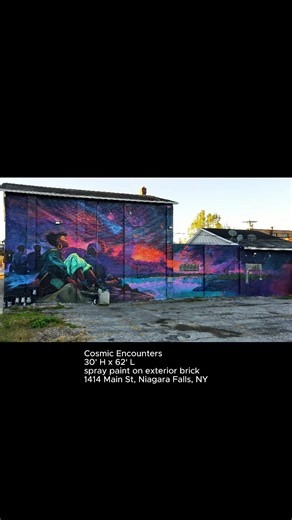 here's a look at the 7 day mural making process ✨ may this mural be a reminder that our dreams and possibilities are as infinite as the universe itself ✨ 'Cosmic Encounters,' 30' H x 62' L, spray paint on exterior brick, 1414 Main St, Niagara Falls, NY. huge thank you to Niagara Falls National Heritage Area for creating opportunities for creatives. Massive gratitude to the entire team Tyshaun D Tyson, Ally Spongr, Saladin Quanaah Allah, Deirdre Reynolds, Sara Beilein Capen, and everyone else at 
