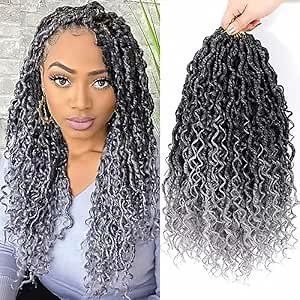 Col Bling 8 Packs Goddess Locs Crochet Hair 14 Inch Faux Locs Crochet Hair for Women Kids River Locs Hair with Curly Ends Synthetic (#TGrey)