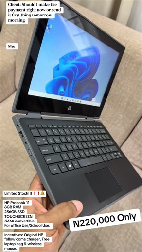 Limited Stock!!! ❗️❗️🔔 HP Probook 11 8GB RAM 256GB SSD TOUCHSCREEN X360 convertible For office Use/School Use. Incentives: Original HP follow come charger, Free laptop bag & wireless mouse. #Probook #trend