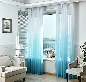 Eyelet Voile Sheer Curtains, Gradient Grommet Top for Bedroom and Living Room,Blue,52Wx63L inch