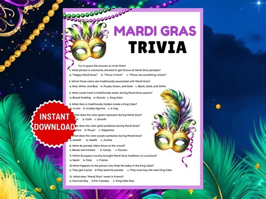Mardi Gras Trivia Game, Fat Tuesday Trivia, Mardi Gras Quiz, Printable Mardi Gras Party Game for Kids, Seniors, Family, Carnival Mardi Gras - Etsy