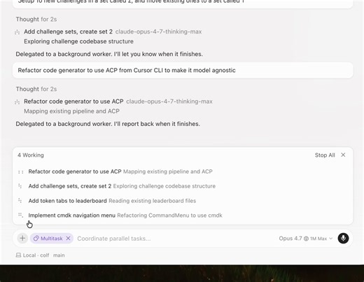 Cursor 这条是宣布 IDE 里 /multitask 上线，async subagent 终于能并行不排队。我看到第一反应是：那 IDE 关了之后呢？背景：Cursor 给了我 $10000 免费额度，5 月底到期。剩 35 天，日均要烧 $285 才烧得完。😂烧不掉就过期，所以这事我决定激进点搞，给自己定的新选题：怎么让一个 AI 角色脱离我桌前的对话，自己 24/7 找活干。演化路径：1. 手搓多窗口——开 5 个 Cursor 对话，每个塞一个 prompt，我当人肉 router。问题：电脑得开着 Cursor，我得盯着。2. 文件协议——写了 backlog.md（任务池）+ handoff.md（产出区）+ 行级锁，让多个对话通过文件系统互不踩脚。Claude 和 Cursor 也能这么对话。3. /multitask—— 这次更新刚好赶上，一个对话内派 10 个 loop-id 并行跑，但仍然要 IDE 开着。4. cursor-agent CLI——发现有个 headless 模式 cursor-agent -p "prompt" --yolo --trust，