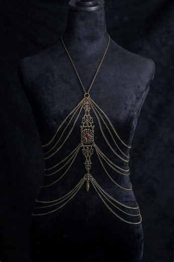 Gothic Body Chain Harness – Layered Chains, Red Crystal, Couture Jewelry - Etsy