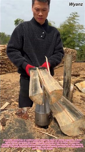 person splitting large log with fixed spiral drill bit | daily farm work routine