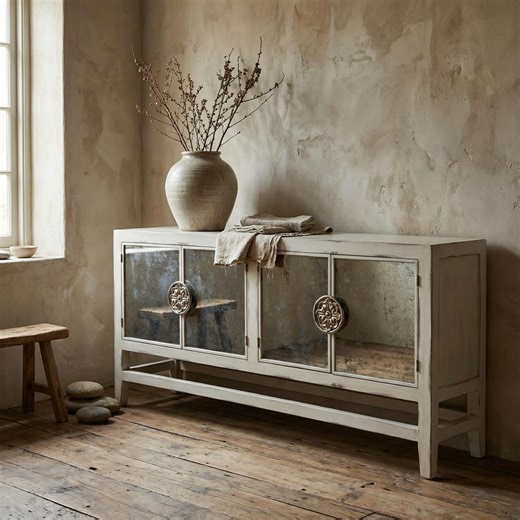 Solid Wood Buffet Cabinet W/painted Glass Doors|hand Painted Sideboard Credenza|rustic Farmhouse Coastal Storage Console |dining Room Server - Etsy
