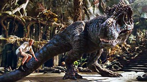 In this incredible scene: Will Ferrell rides a T-Rex and destroys aliens in the jungle... | Boxoffice Movie Scenes