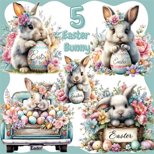 Easter Bunny Rabbit Clipart: Cartoon Graphics (digital Download - 5 Pngs) - Etsy