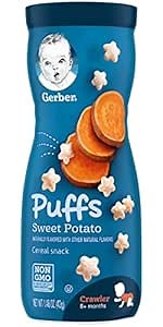 Gerber Stage 3 Baby Snacks, Sweet Potato Puffs, Puffed Grain Snack, Baby Led Feeding, Iron & Choline, Puffs Snacks for Babies