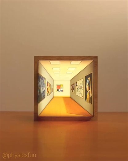 Reverspective Illusion Lamp: geometry in relief and perspective combine to produce the illusion of motion and depth. Here the theme is a gallery of fine art with famous paintings- can you name all seven artists? This inexpensive version features a lamp within powered by a USB rechargeable battery. Reverspective relief is an art form made famous by Patrick Hughes where the image is overlaid on to pyramid shapes that project towards the viewer- but the brain perceives the reverse and creates the i