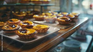 Traditional portuguese dessert Pastel de nata. Bakery shop window display