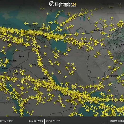 This time-lapse map from @flightradar24 shows how civilian air traffic cleared over the Middle East as Israel launched its military operation against Iran. | Welcome DOHA QATAR