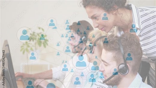 Supervisor guiding agent typing while user icons expanding network overlay across call center desk