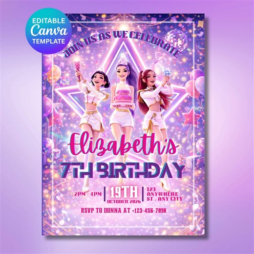 Kpop Demon Hunters Birthday Invitation, Editable Canva Template, Huntrix Invite, K-pop Invites Digital Download