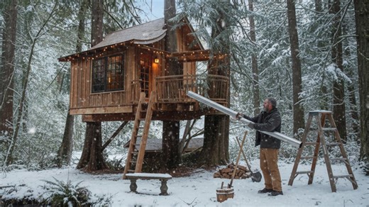 Building a cozy treehouse cabin for winter living