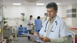 A middle aged Asian Indian male physician or doctor wearing a white apron and stethoscope is standing in a hospital ward with a report looks at the camera and smiles. Medical, healthcare concept.