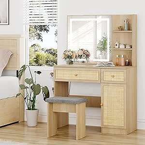 Brafab Rattan Vanity Desk with LED Lights Mirror and Chair, Wooden Makeup Vanity Set with Charging Station with 2 Storage Drawers, Boho Dressing Table with 3 Color Lighting Modes Brightness, Natural