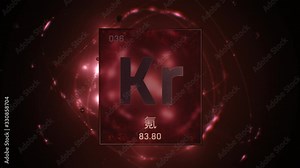 Krypton as Element 36 of the Periodic Table. Seamlessly looping 3D animation on red illuminated atom design background orbiting electrons name, atomic weight element number in Chinese language Stock Video