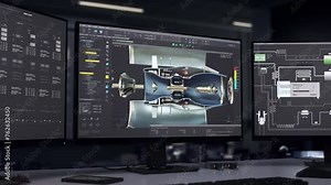 Using Desktop Computer System For Drafting Project Of Industrial Mechanisms. Desktop Screen Shows Machine Components Drafting Project. CAD Drafting Turbine Project On Desktop PC For Energy Generation