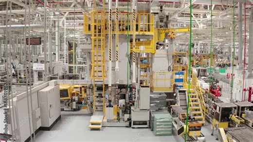 High-angle view inside a modern industrial plant with yellow platforms, conveyors and robots, showing large-scale automated manufacturing and assembly operations.