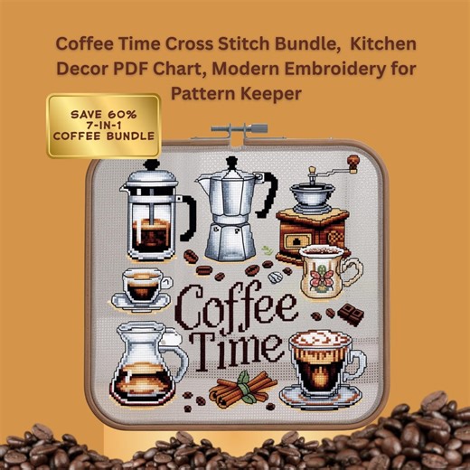 Coffee Time Cross Stitch Bundle, Kitchen Decor PDF Chart, Modern Embroidery for Pattern Keeper - Etsy