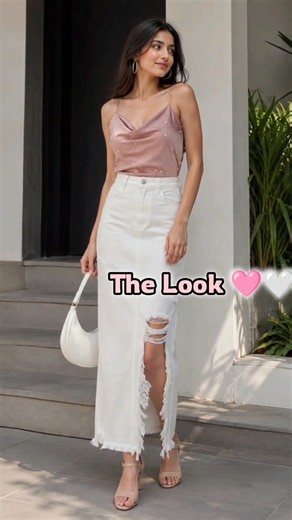 Pink satin top + white skirt = perfect classy look 🤍🌸
