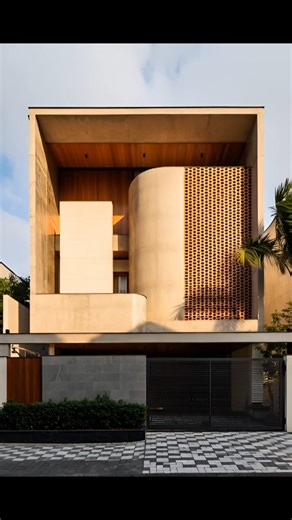 Minimalist Masterpiece: Exploring a Unique Curved Concrete Facade - AI generated Discover the perfect harmony of raw materials and geometric precision. In today’s tour, we explore a stunning example of Modern Brutalist architecture. This residence stands out with its bold, monolithic concrete frame that beautifully contrasts against warm wood paneling and a striking terracotta brick screen. The facade is a masterclass in texture and form—featuring a unique cylindrical concrete tower that softens