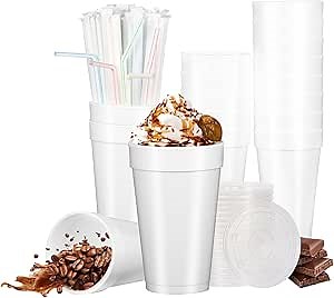 16 Oz Styrofoam Cups with Lids and Drinking Straws, Disposable White Foam Cups for Hot Cold Drink Beverage, To Go Drinking Container for Coffee, Tea, Juice - 50Sets/150pcs