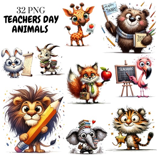 Teacher's Day Animal Clipart – School PNG Bundle (digital Download) - Etsy