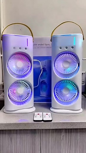 🌟 2-Fan USB Air Conditioner 🌟 ✅ USB Rechargeable ✅ Runs for 20-40 minutes ✅ Like all great air cooling systems, it has vents to control airflow. ✅ It has an attractive design and can fit into any interior. ✅ Ideal for the workplace, kitchen, office, or living room. ✅ The device is completely silent and can be taken with you to work. ✅ Convenient Remote Control Operation ✅ Creates small water molecules by increasing air humidity. ✅ 90-Degree Automatic Rotation. ✅ Water Tank for Extra Humidifica