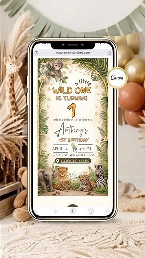 Wild One 1st Birthday Invitation with RSVP Link | Safari Canva Template for Baby Boy #wildone
