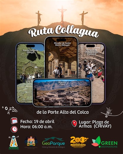 🏔️ ¡Descubre la esencia del Colca en la RUTA COLLAGUA! 🌉✨ AUTOCOLCA te invita a un recorrido inolvidable donde la cultura ancestral Collagua, la historia y los paisajes impresionantes se combinan en una aventura única. 📅 Fecha: 19 de abril 🕢 Hora de salida: 6:30 a.m. desde la Plaza de Chivay 📍 Destinos: Sibayo, Tuti y Callalli 🌄 Vive la historia y la naturaleza en su máxima expresión: 🌉 Cruza el Puente Colgante de Sibayo, una joya de la arquitectura tradicional andina. 🔭 Disfruta del Mir