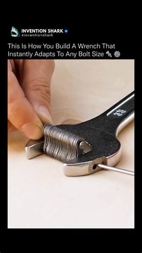 @inventionshark on Instagram: "This wrench eliminates an entire toolbox in a single motion. 🧠🛠️ Instead of fixed jaws, the head is built from stacked, spring-loaded steel plates that move independently. When the wrench is pressed onto a bolt, each plate slides into place, contouring perfectly around the shape and size of the fastener. That layered design spreads force evenly across the bolt’s surface, reducing slippage and preventing rounded edges. It also means a single tool can grip multiple
