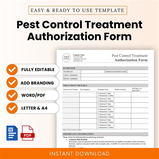 Pest Control Treatment Authorization Form - Word & PDF, A4   US Letter - Etsy