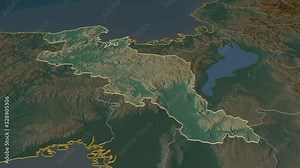 Kyoto, urban prefecture with its capital, zoomed and extruded on the relief map of Japan in the conformal Stereographic projection. Animation 3D