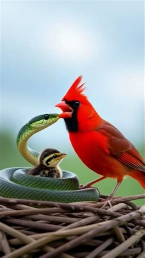 Bravery in the nest! 🐦🐍 A cardinal’s fearless stand against danger.