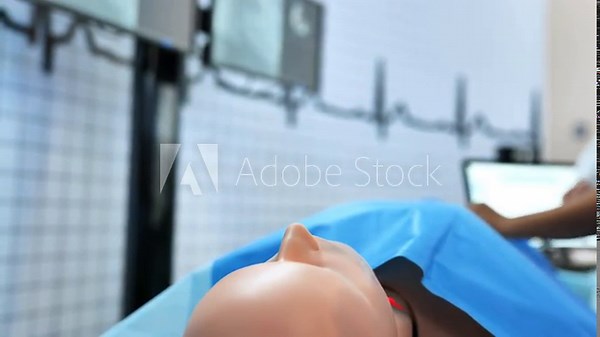 Medical students practicing on a simulator mannequin in a modern training center