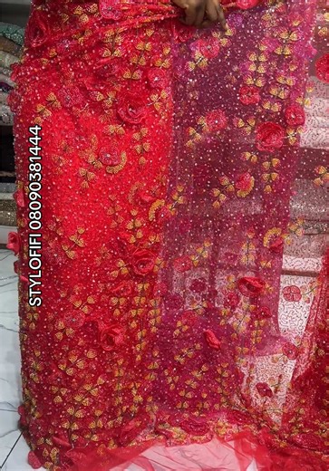 Luxury Red Beaded with Petals Lace Fabric