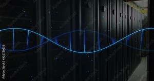 Animating DNA strand and binary coding over server racks in data center